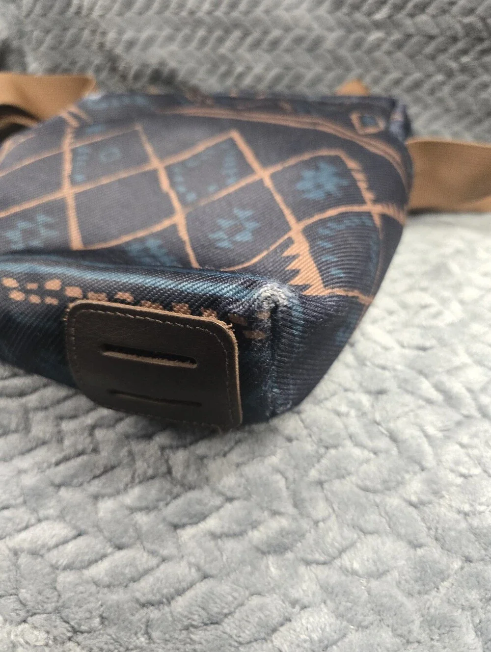 The North Face Navy Patterned Crossbody with Tan Strap